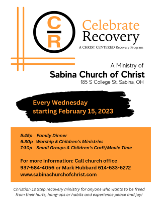 Celebrate Recovery is a Christ-Centered recovery program launching on February 15th, 2023. This program takes place at Sabina Ch
